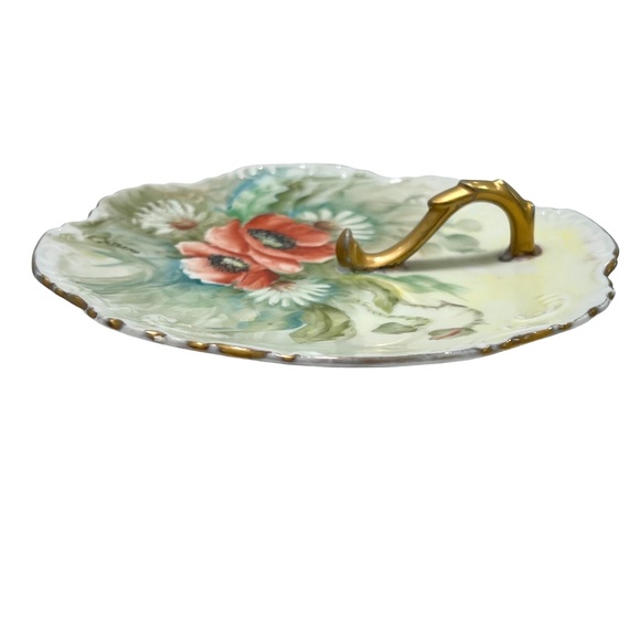 1960s HAND PAINTED FLORAL DESIGN PORCELAIN NAPPY GOLD HANDLED SERVING DISH - Picture 5 of 16